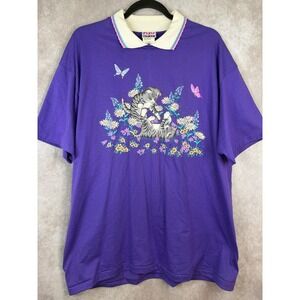 VTG 90s DAY BREAK Purple Kitten Cat Floral Butterfly Tee Grandmacore X-Large
